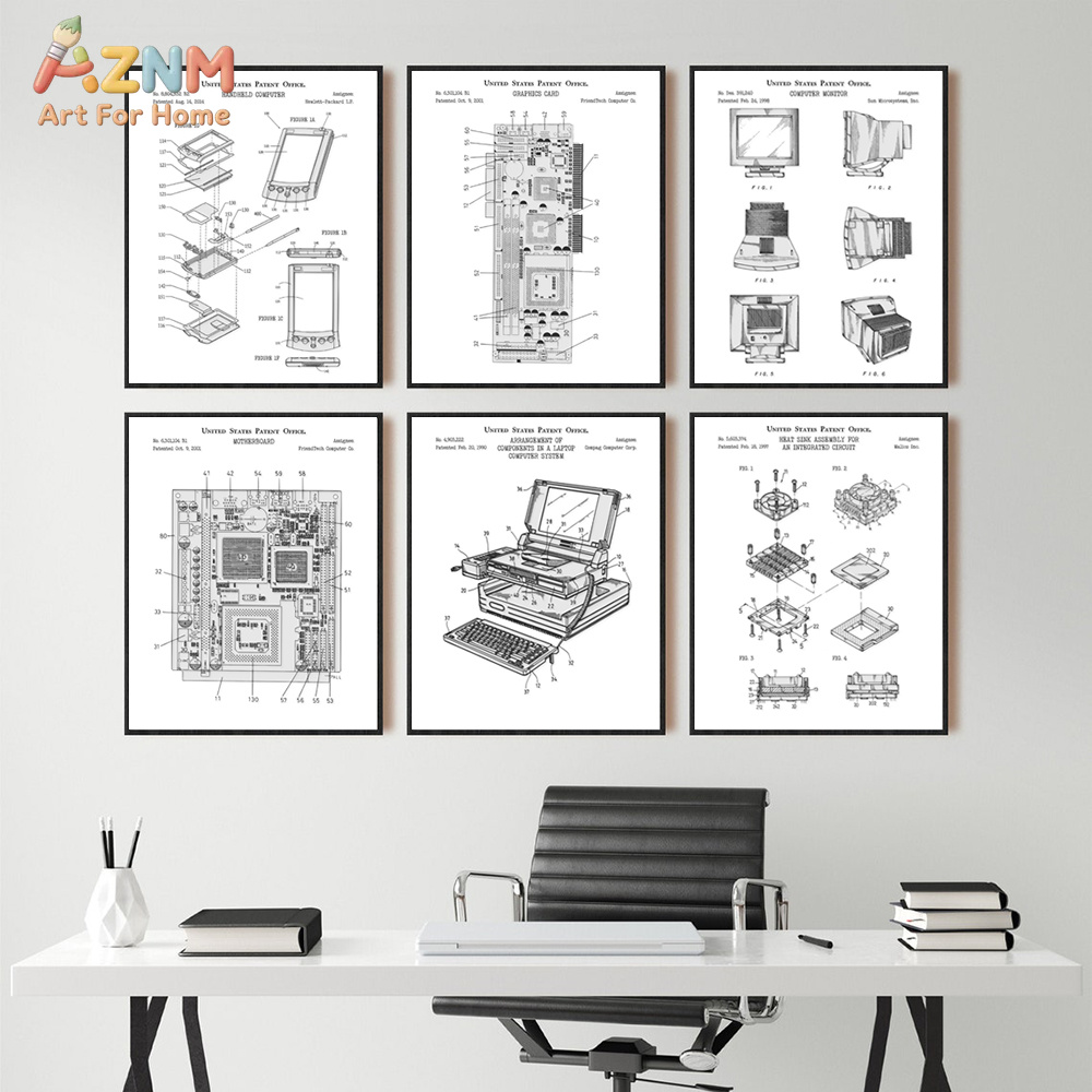 Tech Office Wall Decor - AZNM Computer Motherboard Patent Canvas Painting